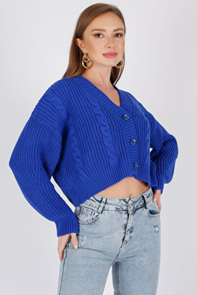 ALCHON V Yaka Uzun Kollu Selanik Saç Örgülü Üç Düğmeli Mini Boy Crop Mevsimli...