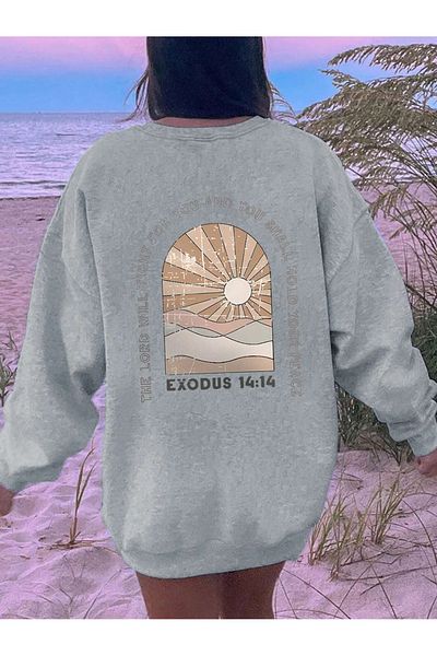 PALPİTO Hanorac oversize cu decolteu rotund cu imprimeu Exodus 14 gri pentru femei