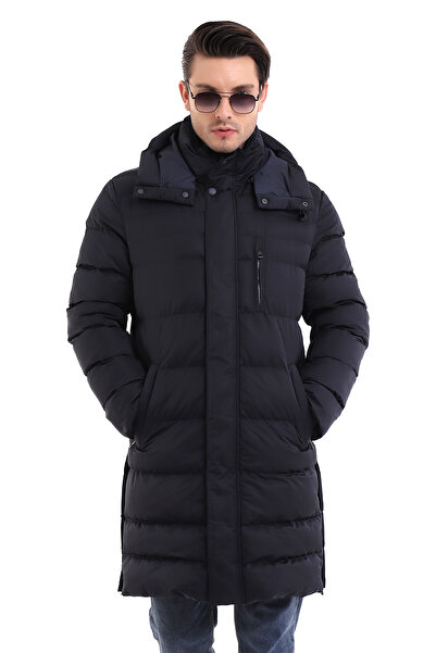 By Karaaslan erkek uzun mont kapüşonlu parka kaban lacivert yandan fermuarlı