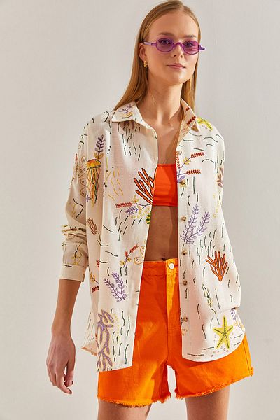 Bianco Lucci Women's Multi Patterned Loose Linen Shirt60101023