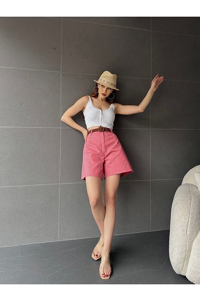 Fav Style Pantaloni scurți din Gabardină, cu talie înaltă, cu curea, cu buzunar, roz
