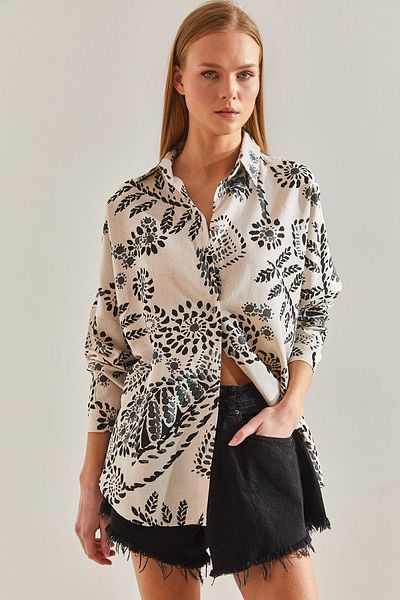 Bianco Lucci Lässiges Leinenhemd für Damen mit großem Blattmuster60101021