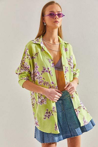 Bianco Lucci Women's Floral Patterned Casual Linen Shirt60101015