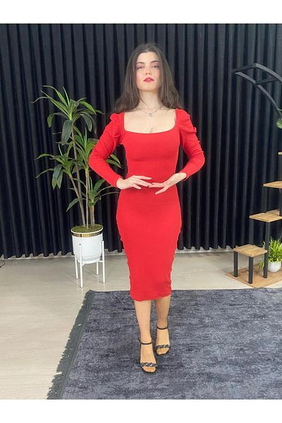 ESPOİRPLUS Square Collar Red Color Body-Fitting Midi Length Pleated Sleeve Knitted Dress