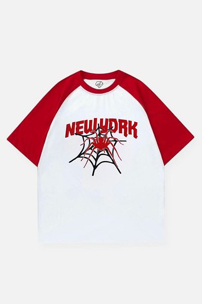 EFBUTİK White Unisex Red Reglan New York Spider Web T-shirt