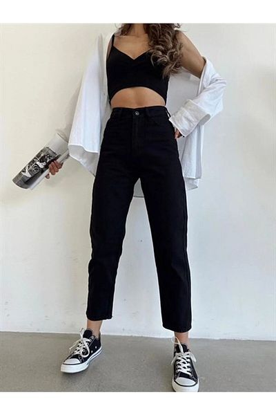 DRC trend Elvan Women's black Mom Lycra High Waist Trousers MOMJEAN