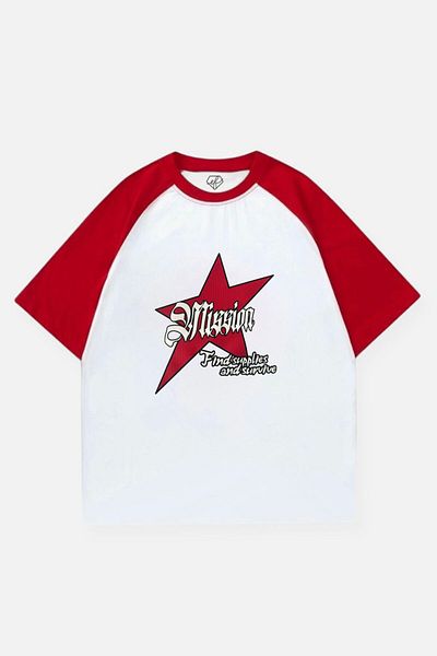 EFBUTİK White Unisex Red Reglan Mission Star T-Shirt