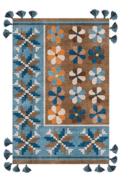 Rugs Modern Halı Mira 1144 Kahve Turkuaz Etnik Çiçek Temalı Saçaklı Dokuma Ta...
