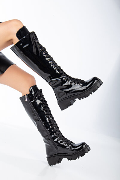 moun shoes Cizme lungi pentru femei, negre, din piele lacuita, cu siret, sub genunchi