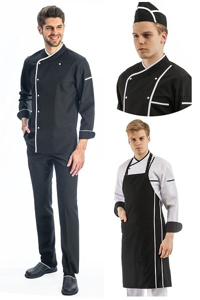TIPTEKS Men's Long Sleeve Classic Black Cook Jacket and Pants, Sling Apron and Cap - White Piping Set of Four