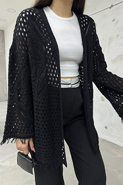 LE CARAMBOLE Women's Black Openwork Back Patterned Knitwear Cardigan
