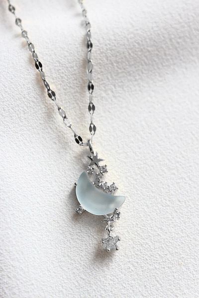 The Collection Non-Tarnish Women's Steel Zircon Stone Moon Stone Crescent Star Pendant Necklace