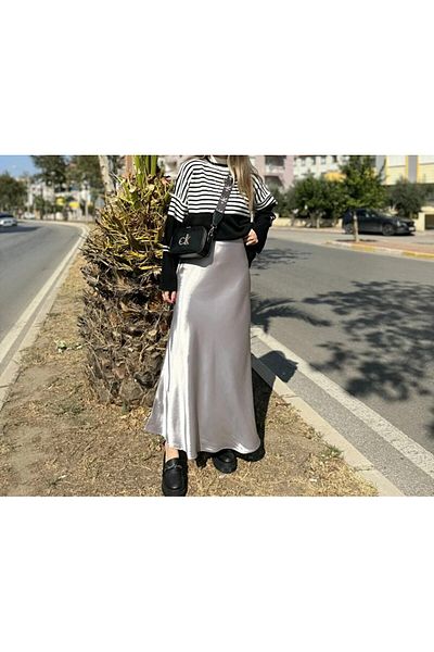 Butik Beyza Long Gray Satin Hijab Skirt