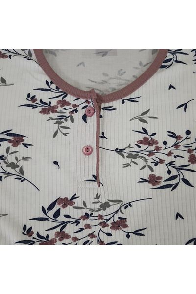Gülfirik Tasarım Dried Rose Color Flower Patterned Women's Plus Size Interlock Fabric Mother's Pajamas Set