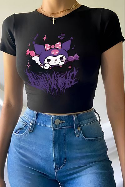 Gofeel Harajuku Kuromi Detailed Crop Top - Half T-shirt