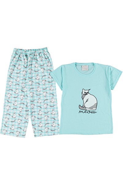 Mavi Renkli Pamuk Penye Kumaştan Kedi Desenli Bermuda Altlı Kısa Kollu Yazlık Kadın Pijama Takımı