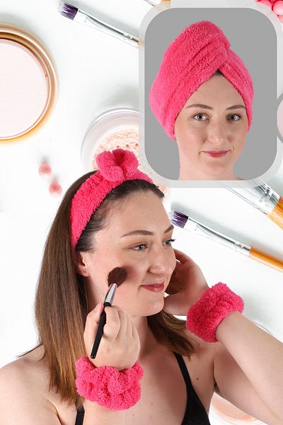vosvera Soft Hair Band Bracelet Makeup Application Set and Microfiber Hair Drying Towel Fuchsia