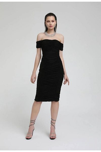 FASHION COCKTAIL Lycra Tulle Drapat Shirred Creion Lungime ceai Midi De pe umăr Rochie de invitație Cocktail Negru