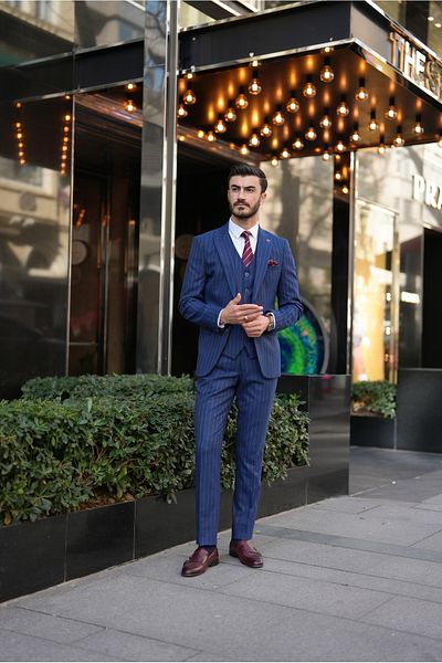 LONATOLİA Men's Striped Suit Italian Style Slim Fit Jacket Vest Pants