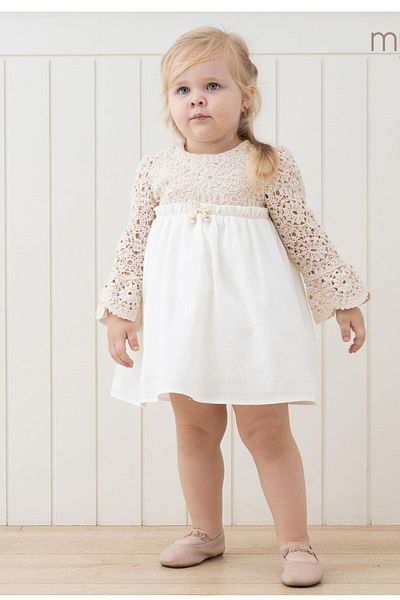 DIDuStore Elegant Ecru Baby Girl Dress with Lace Top Detail and Pearl Embellishment