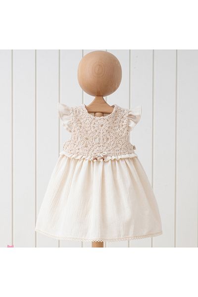 DIDuStore Cute Beige Girl's Dress with Lace Top Detail and Short Sleeves