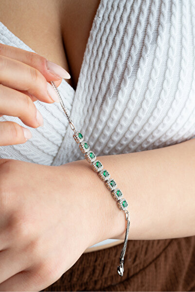 ESSARE 925 Ayar Gümüş Rodyum Kaplama Yeşil Taşlı Bileklik