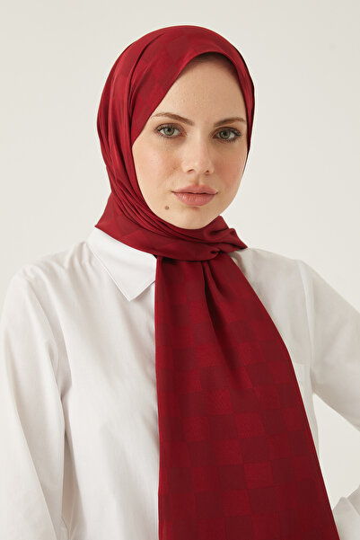 FRESCO SCARFS Women's Hijab Silky Cotton Jacquard Checker Pattern Shawl*Claret Red