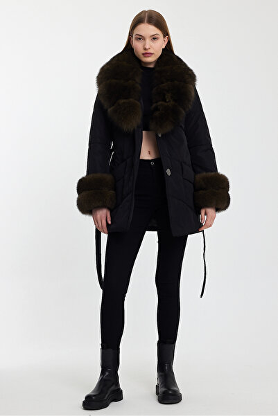 nero leather fur Siyah Şişme Su Geçirmez Kumaş Yaka ve Manşet Kürk