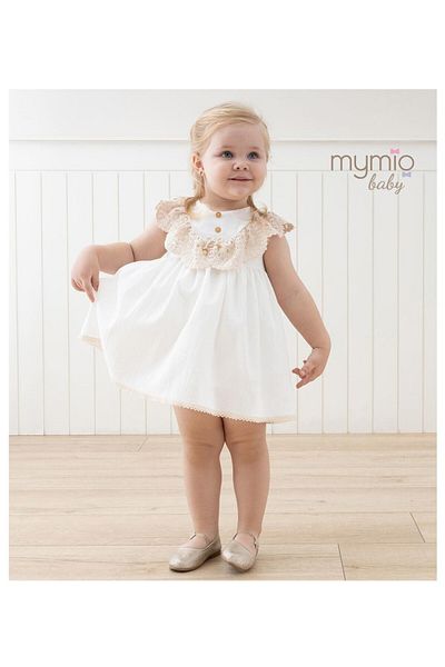 DIDuStore Stylish Ecru Baby Girl Dress with Lace Collar Detail and Wooden Buttons