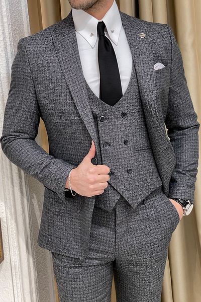 NAZEF Slim Fit High Quality Patterned Wool Gray Vest Suit