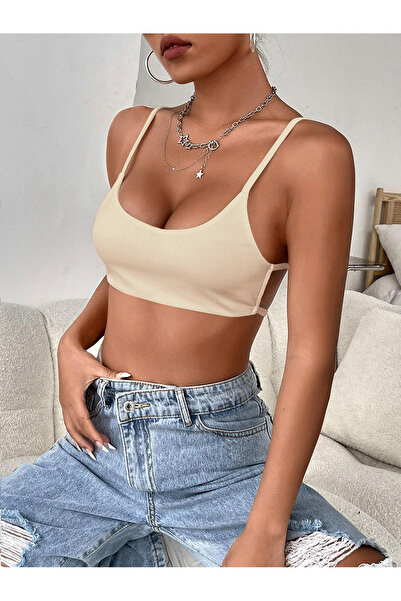 Liona Kadın Bej Renk Sırtı Açık Ipli Sütyen Stil Super Crop Mini Büstiyer