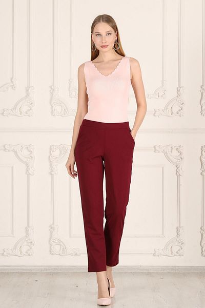 Seamoda Large Size Women's Daily Elastic Waist Pocketed Crepe Skuba Carrot Cut Women's Elegant Pantalon-burgundy