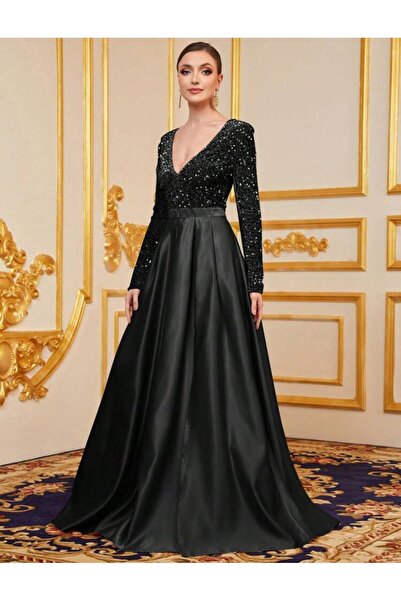 Styling Park Saten Etekli Payet Uzun Abiye Elbise