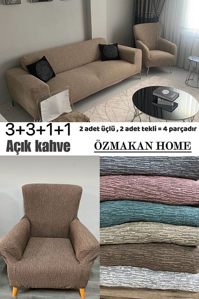 ÖZMAKAN Гъвкав памучен жакард 3 3 1 1 - комплект еластични калъфи за диван, цвят кафе