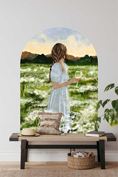 Sticker Ekspres Декоративна наклейка на стіну «Жінка-ботанік, що п'є вино»