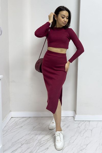 zks grup tekstil Black and Claret Red Crop Women's Skirt Suit - Saks