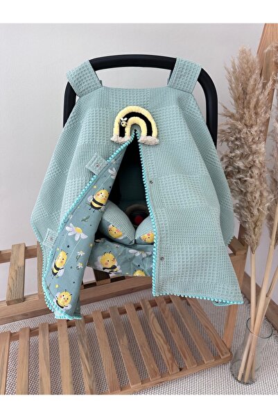 MAMARADUGA Çift Taraflı Puset Örtüsü+puset Minderi+puset Çarşafı 3'lü Set Yeş...