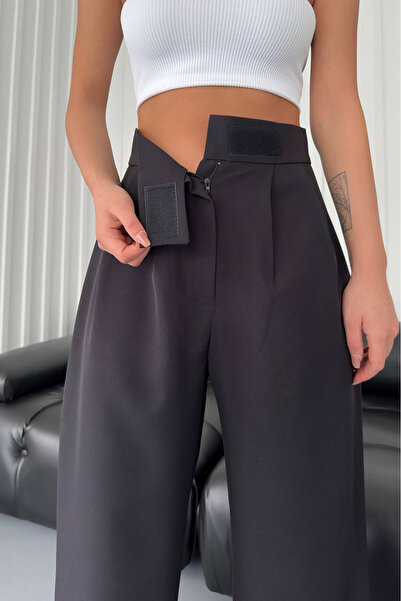 Neşeli Butik بنطال بالازو نسائي من قماش أطلس بشريط فيلكرو GTS029 - أسود