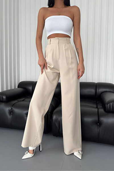 Neşeli Butik γυναικείο παντελόνι palazzo ψηλόμεσο GTS030 - Μπεζ