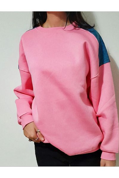 Modazeray Şekerpembe Denim Detailed 3 Thread Oversize Sweatshirt
