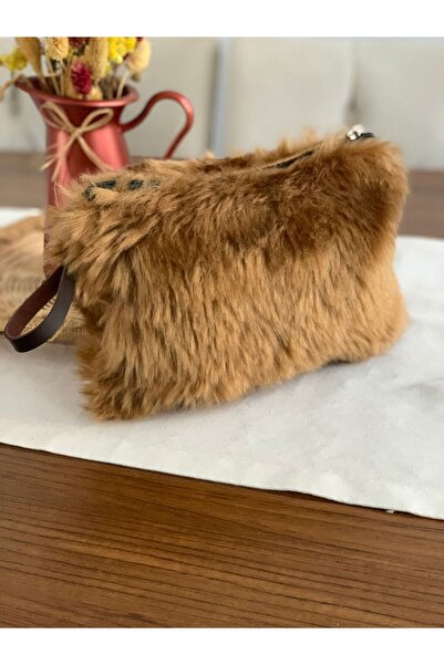 Mady Aksesuar Кафява плюшена чанта за грим и пътна чанта с подплата с тънки и...