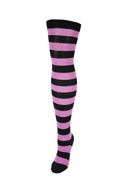 Design Socks Дамски черно-лилави раирани памучни чорапи над коляното - Дизайнерски чорапи