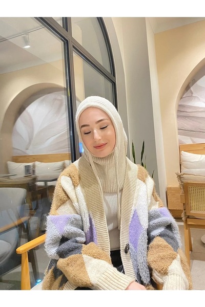ALLURİNG THE BETTER ONE Knitwear Knitted Beanie - Hood, Lace-Up Hoodie, Stone Color