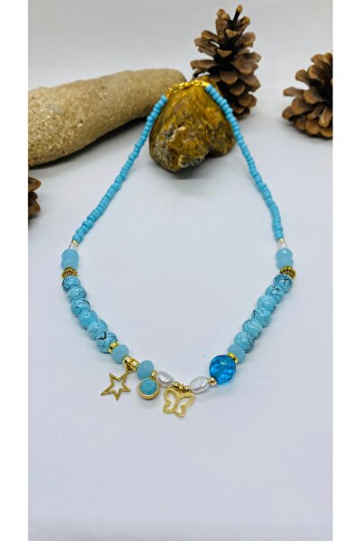 Porsuk Alternatif قلادة نسائية مصنوعة يدويًا من الخرز الزجاجي مع جهاز نحاسي