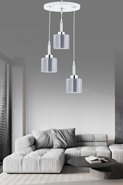 ŞL Şef Light Sarkıt Tepsi Beyaz 3'Lü Çift Cam Füme Camlı Avize