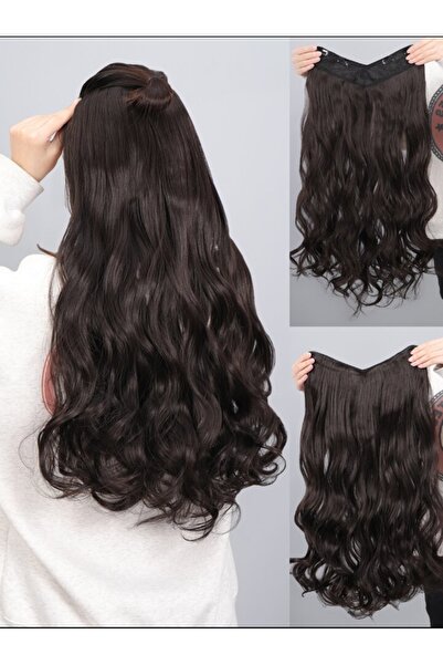 AKOLİFE Kahverengi U Part Geniş Yarım Ay Çıt Çıt Postiş - Tam Baş Yarımay Peruk