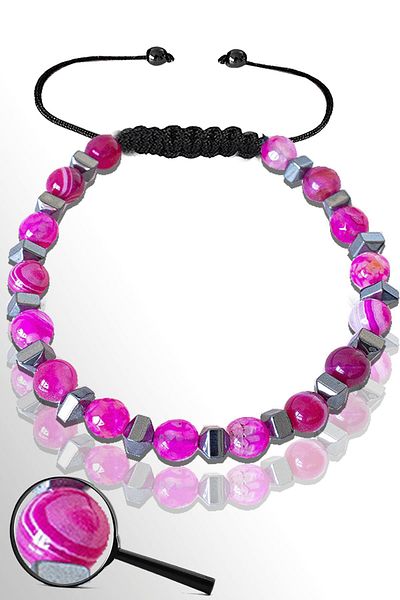 Tesbih Atölyesi Certified Silver Hematite 6 Mm Natural Pink Agate Stone Bracelet - Veined
