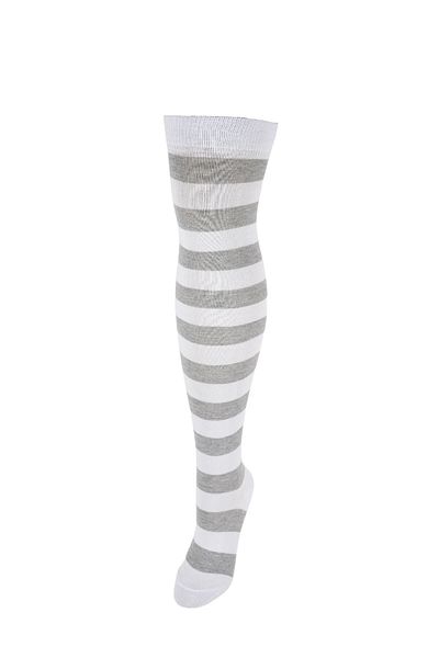 Design Socks Șosete de damă, alb, gri, cu dungi, din bumbac, până la genunchi - Șosete cu model