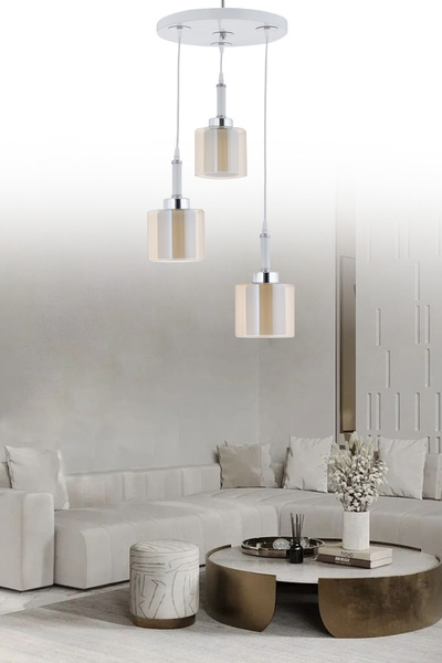 ŞL Şef Light Sarkıt Tepsi Beyaz 3'Lü Çift Cam Bal Camlı Avize