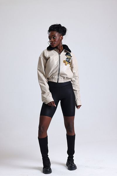 Black Level Women's Leather Collar Furry Zippered Oversize Coat Printed Elastic Waist Bomber College Coat Beige